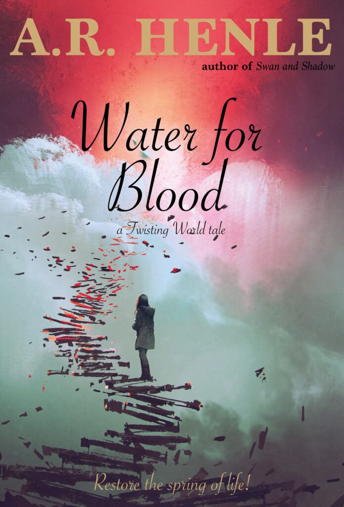 Cover for Water for Blood. A woman climbing crumbling stairs over the clouds.