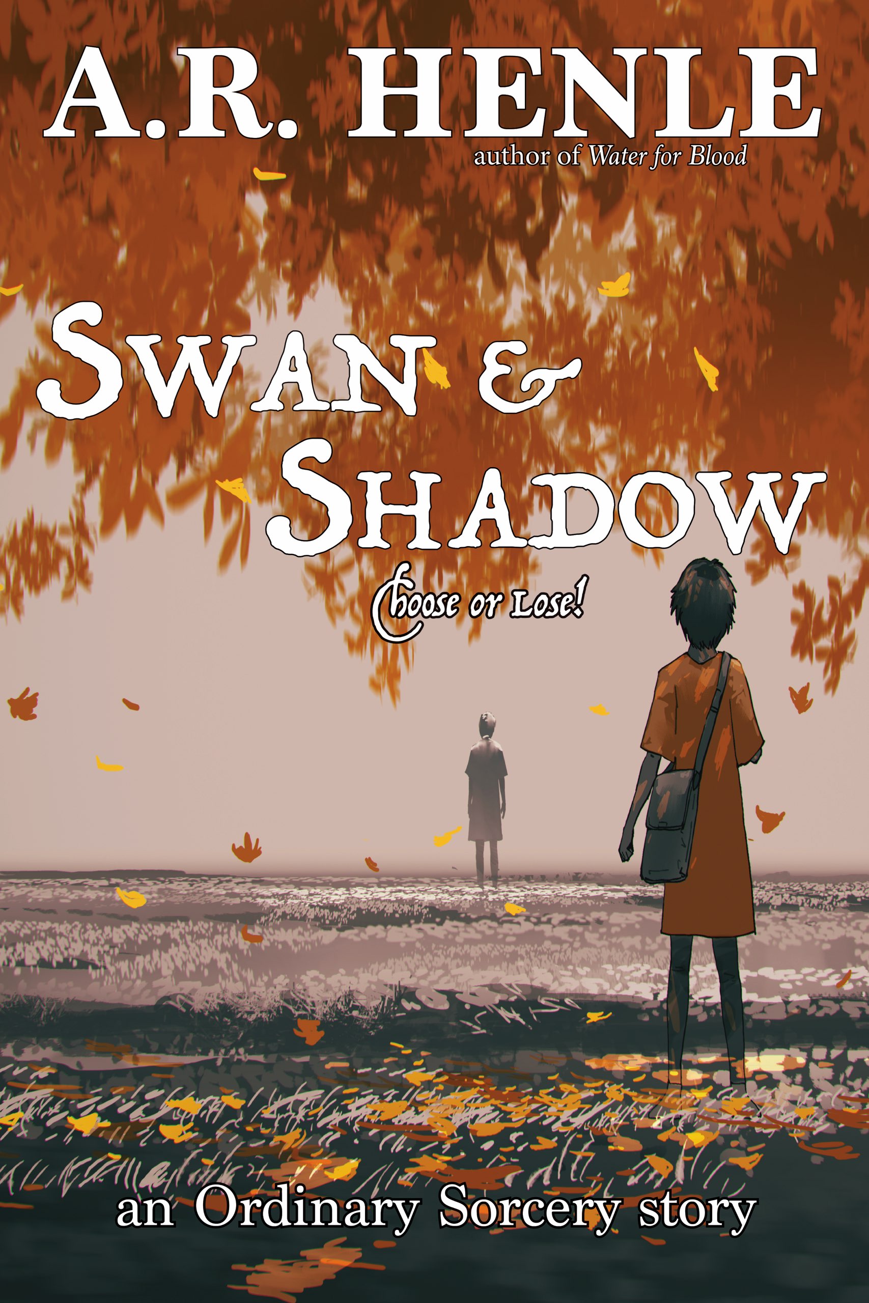 Cover for Swan & Shadow. A woman stands under an autumnal tree, looking at a man in the distance